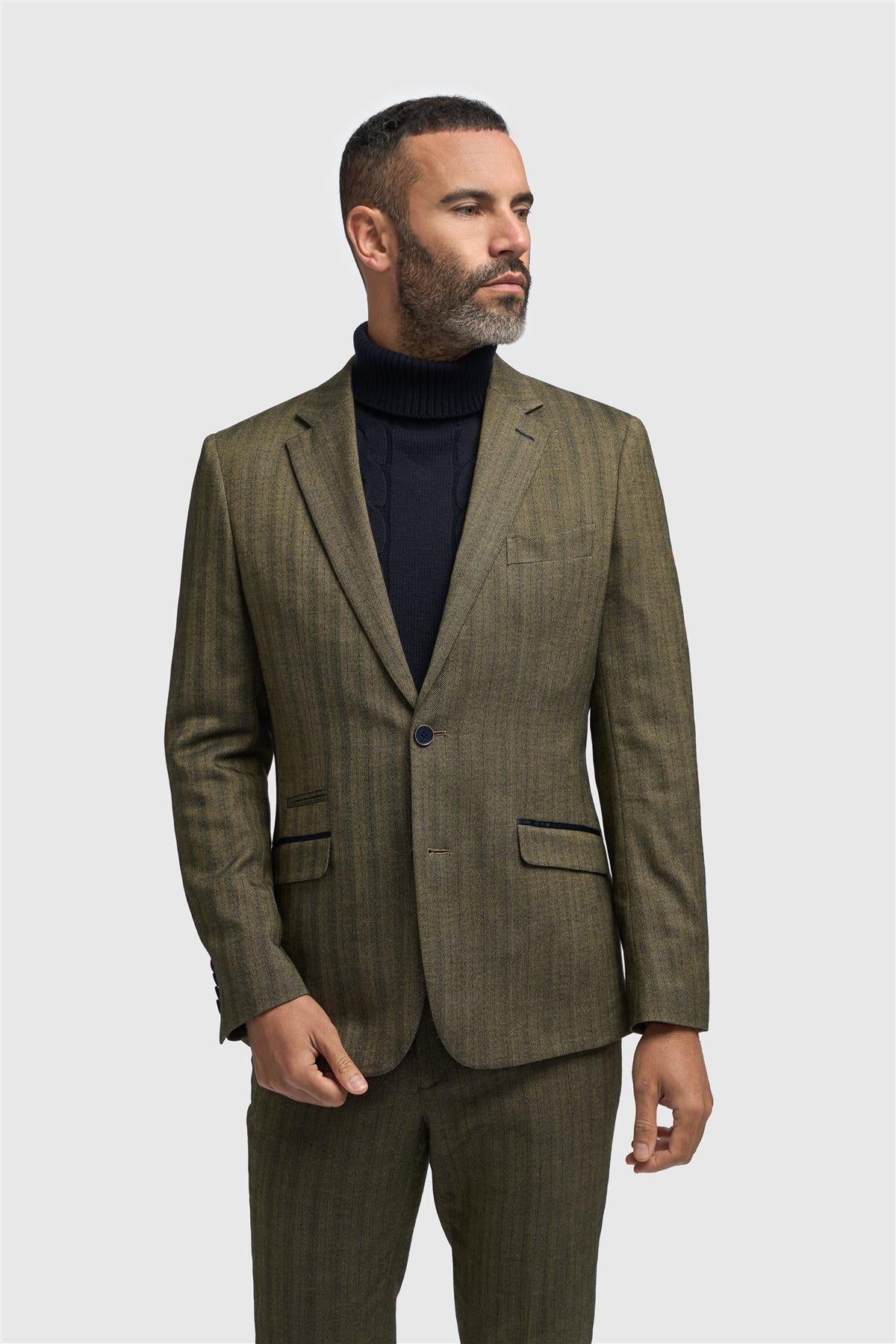 Sacou bărbătesc verde măsliniu cu imprimeu herringbone din tweed