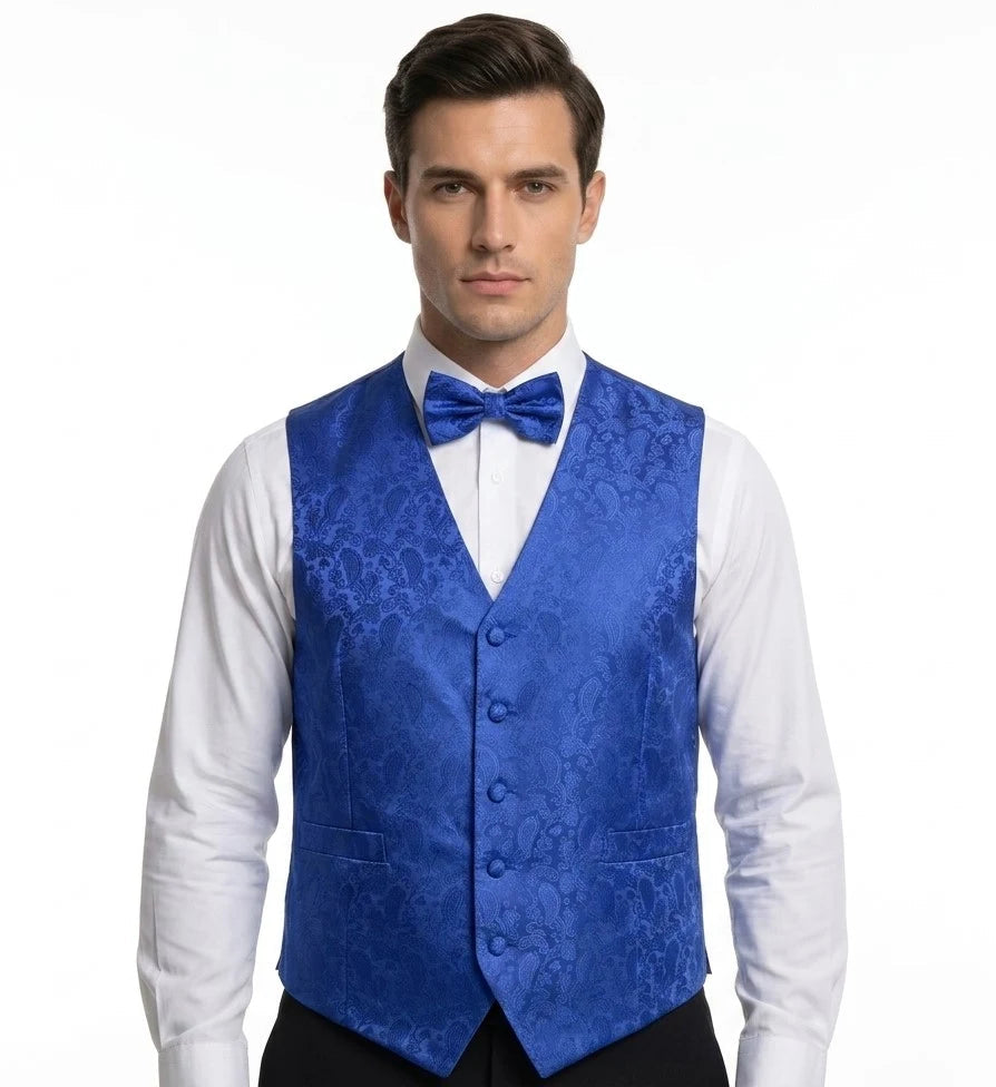 Set bărbătesc cu vestă și papion, model Paisley floral, 3 piese - Albastru