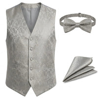 Set bărbătesc cu vestă și papion, model Paisley floral, 3 piese - Gri