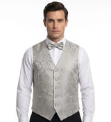 Set bărbătesc cu vestă și papion, model Paisley floral, 3 piese - Gri