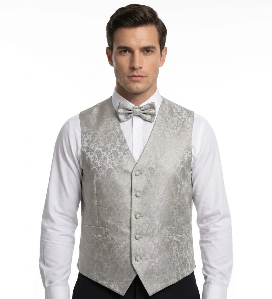 Set bărbătesc cu vestă și papion, model Paisley floral, 3 piese - Gri