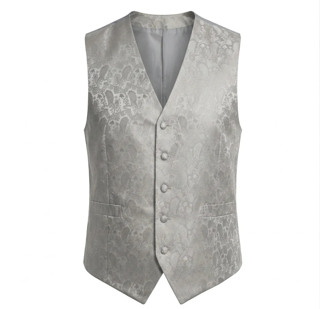 Set bărbătesc cu vestă și papion, model Paisley floral, 3 piese - Gri