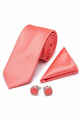 Set cravată bărbătească culoarea piersicii cu batistă de buzunar și butoni
