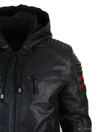 Mens Black Hood Real Leather Bomber Jacket Red Stripes Quilted Slim Fit Casual