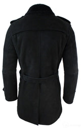 Mens Sherling Sheepskin Black Grey Double Breasted Belted 3/4 Overcoat