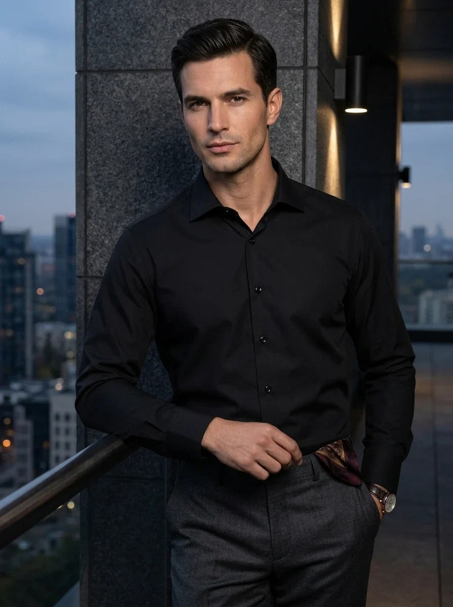 Cămașă bărbătească slim fit cu mânecă lungă și nasturi - Negru