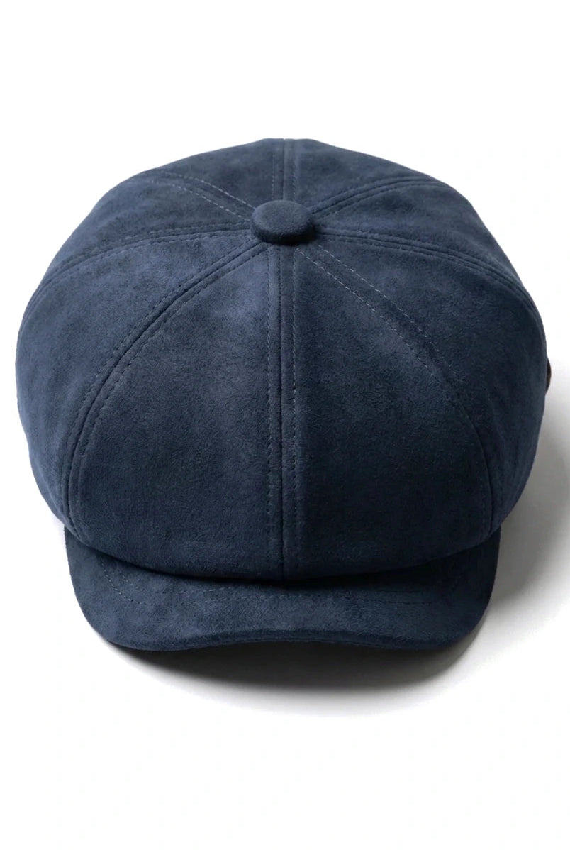 Pălărie bărbătească din piele întoarsă vintage cu 8 panouri, model Gatsby clasic, Baker Boy - Bleumarin