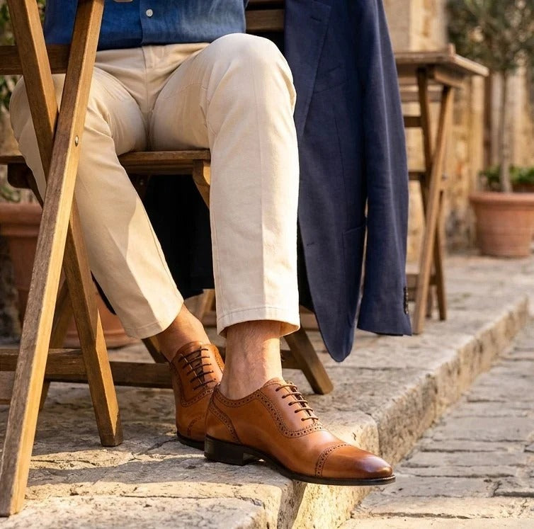Pantofi Oxford bărbătești din piele maro-cenușie cu vârful acoperit