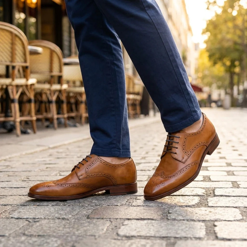 Pantofi brogue bărbătești din piele maro-cenușie, formali, cu șireturi, clasici