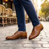 Pantofi brogue bărbătești din piele maro-cenușie, formali, cu șireturi, clasici