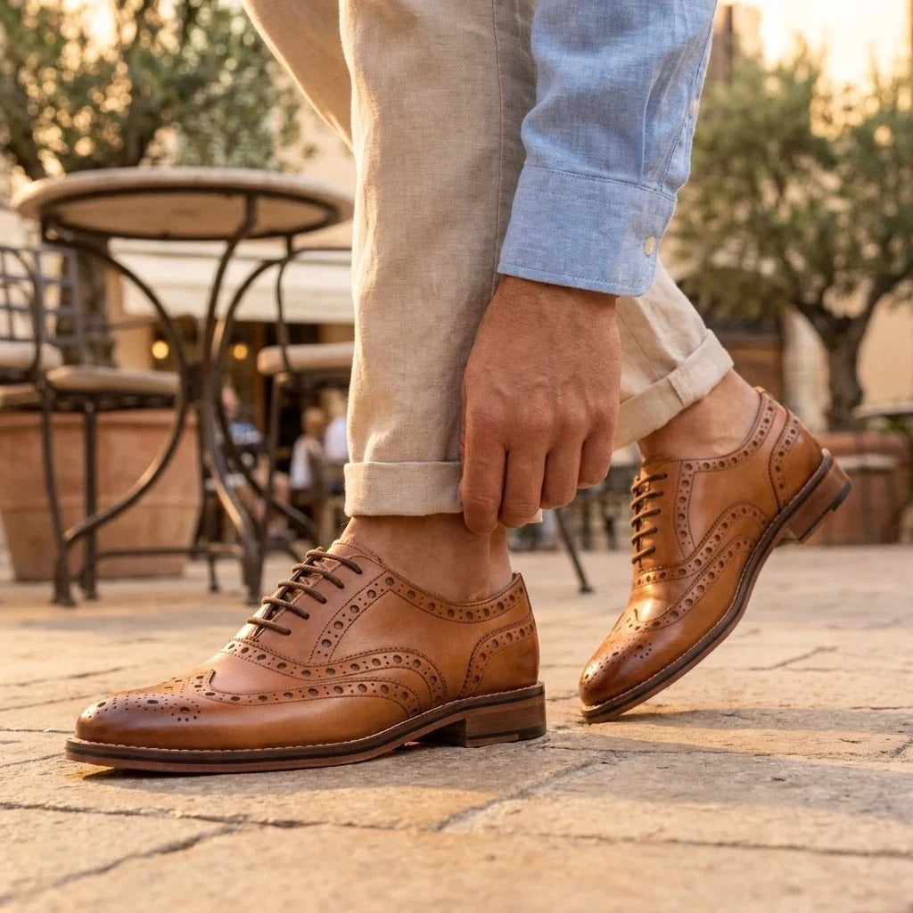 Pantofi Oxford Brogue cu vârfuri laterale din piele maro-cenușie pentru bărbați