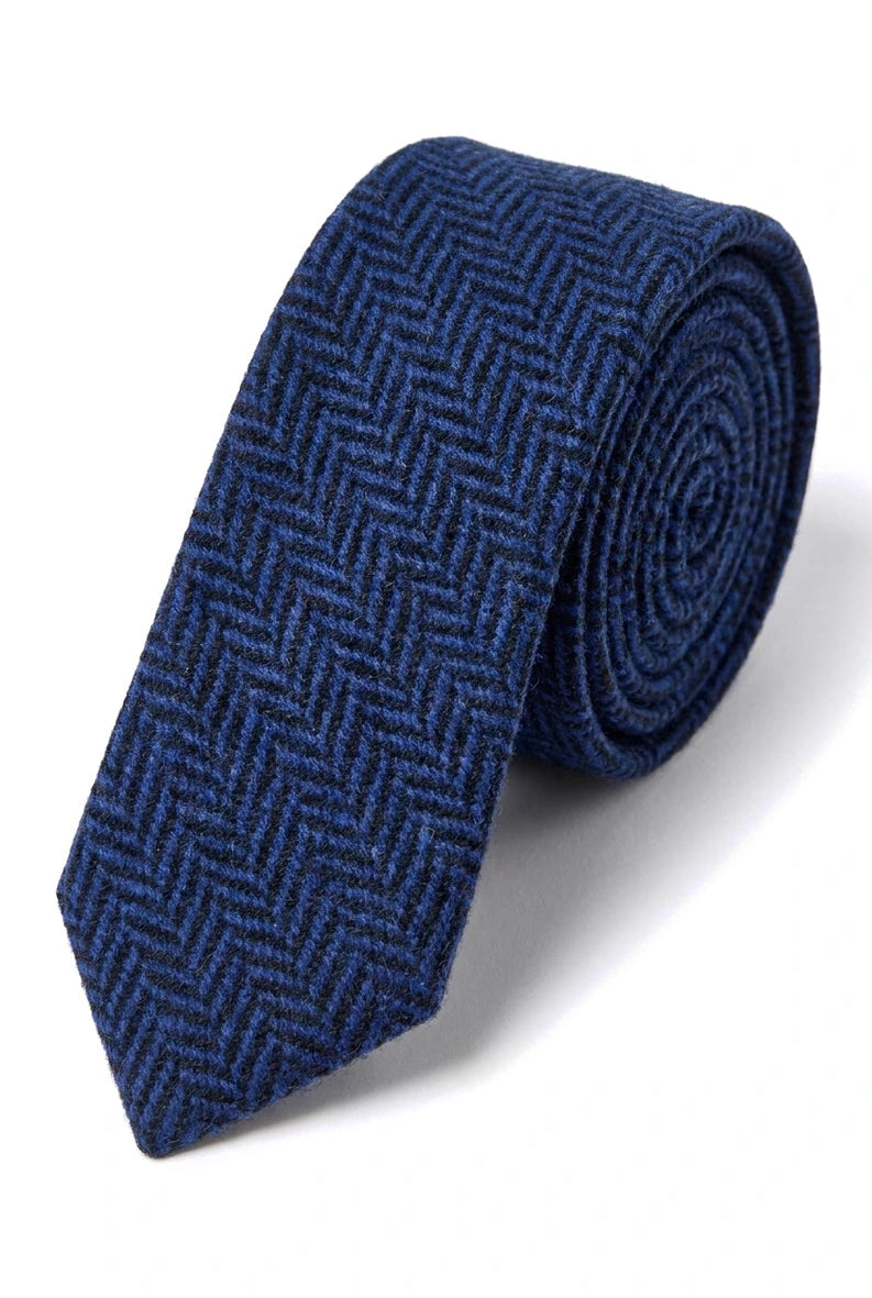 Set batistă bărbătesc cu cravată albastră din tweed, model clasic British Heritage din lână, model herringbone