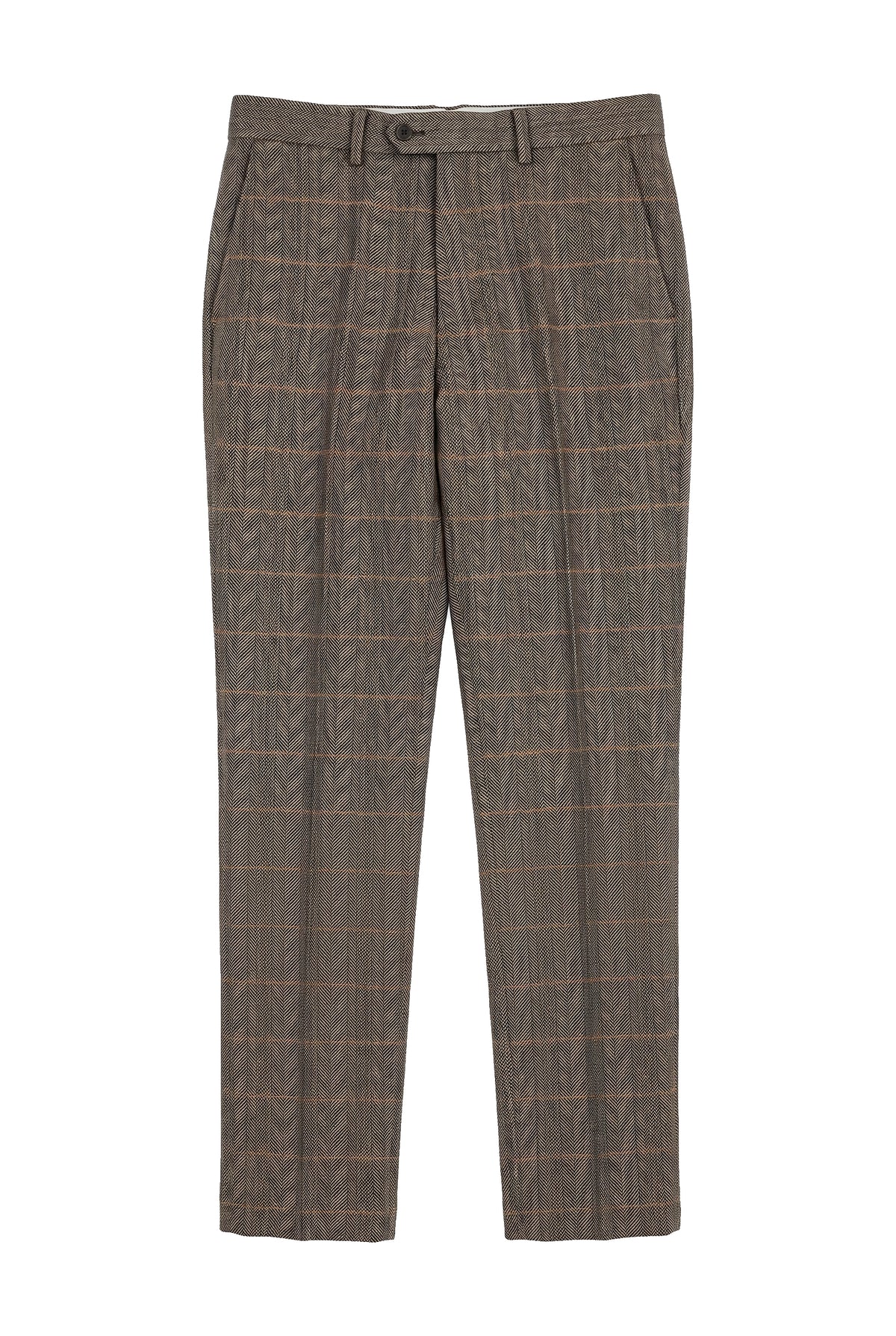 Dx-7 - Pantaloni bărbătești în carouri Tweed, model herringbone, maro-cenușiu, model standard