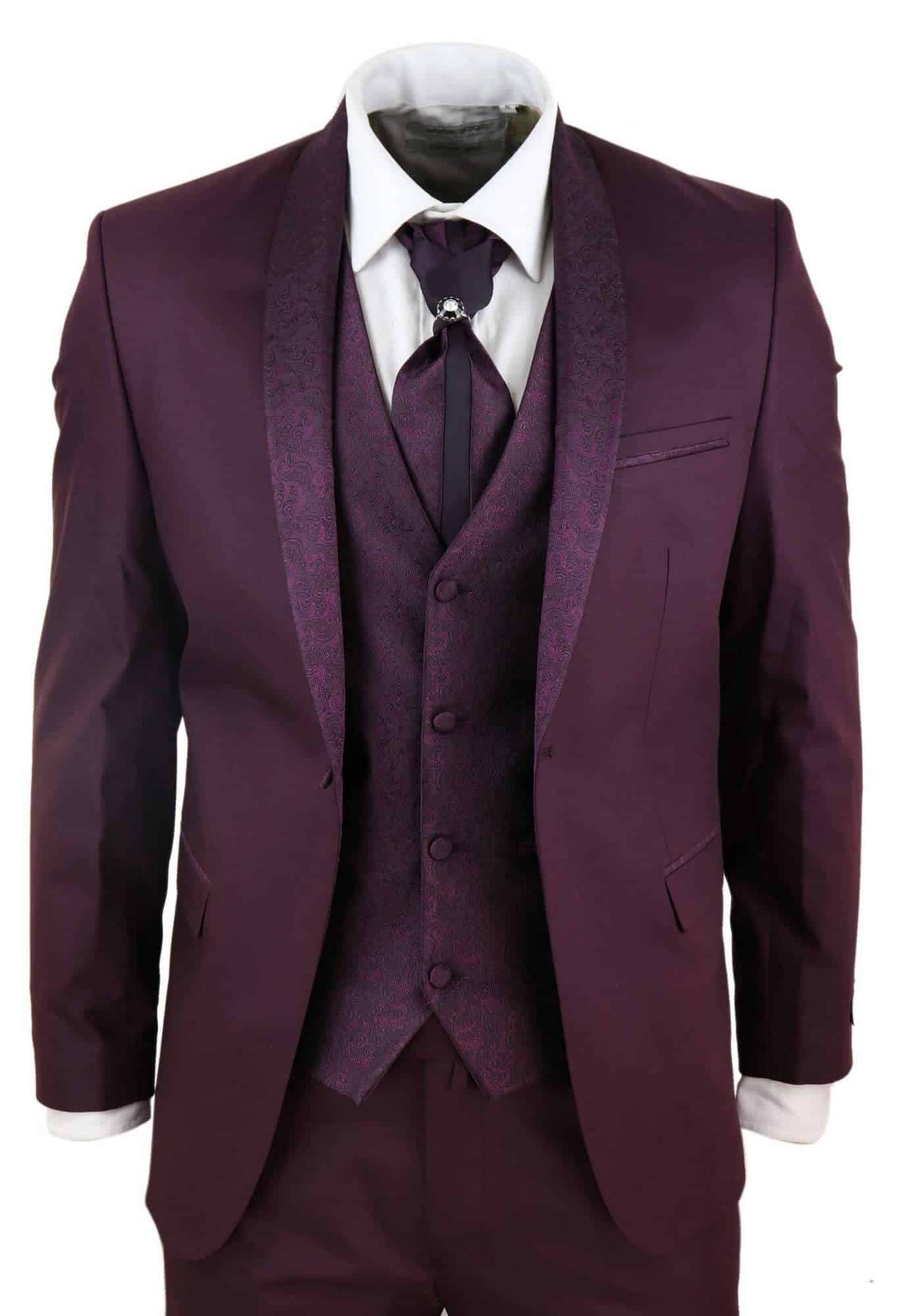 Mens Wine 4 Piece Shawl Lapel Suit