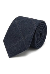 Cravată bărbătească din amestec de lână, model herringbone, din tweed, în carouri - bleumarin