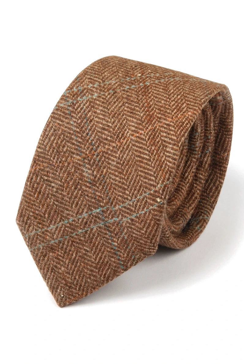 Cravată bărbătească din amestec de lână cu model herringbone din tweed - Stejar