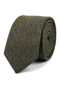Cravată bărbătească din amestec de lână cu model herringbone din tweed - măsliniu
