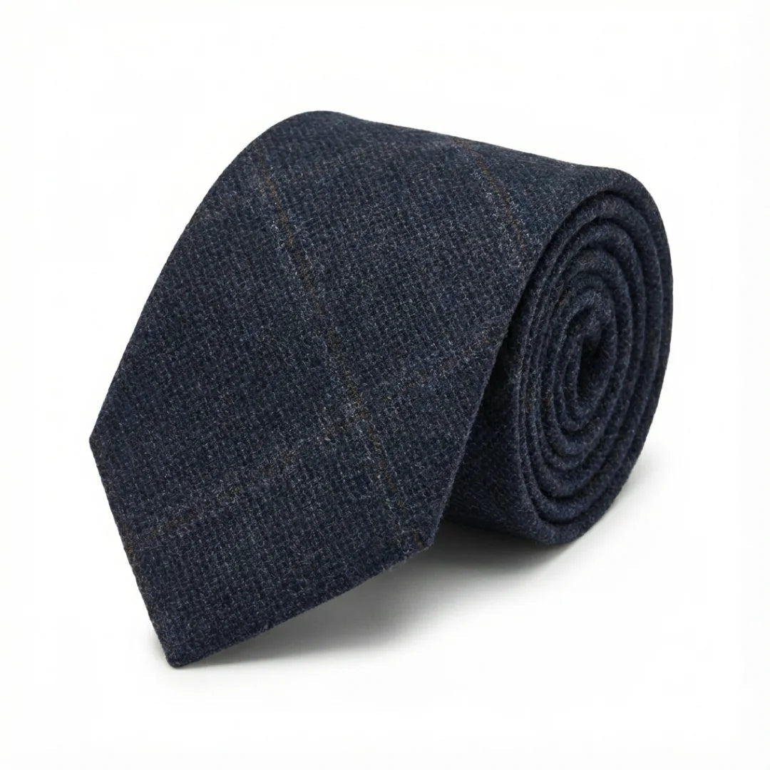 Cravată bărbătească din amestec de lână, model herringbone, din tweed, în carouri - bleumarin