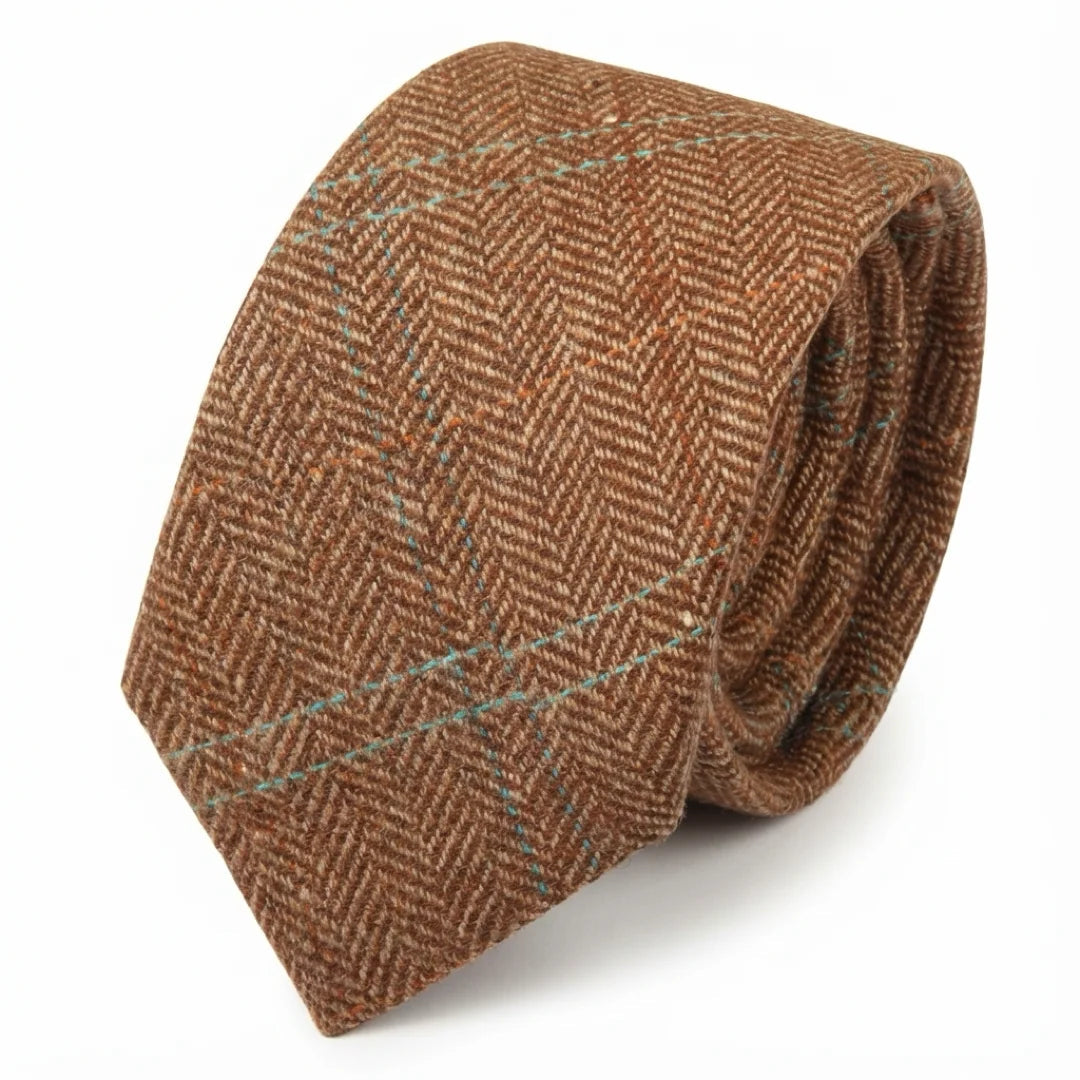 Cravată bărbătească din amestec de lână cu model herringbone din tweed - Stejar