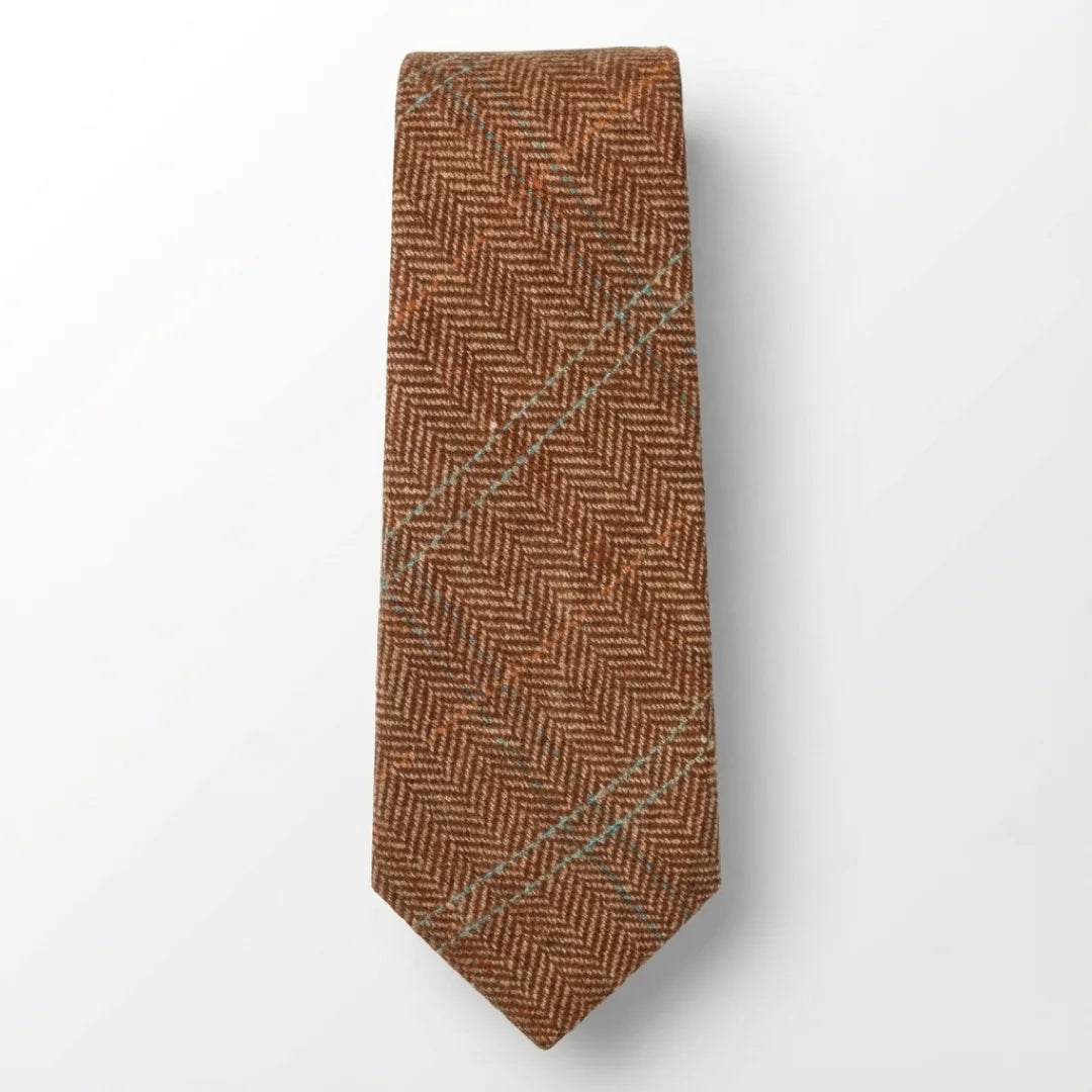 Cravată bărbătească din amestec de lână cu model herringbone din tweed - Stejar