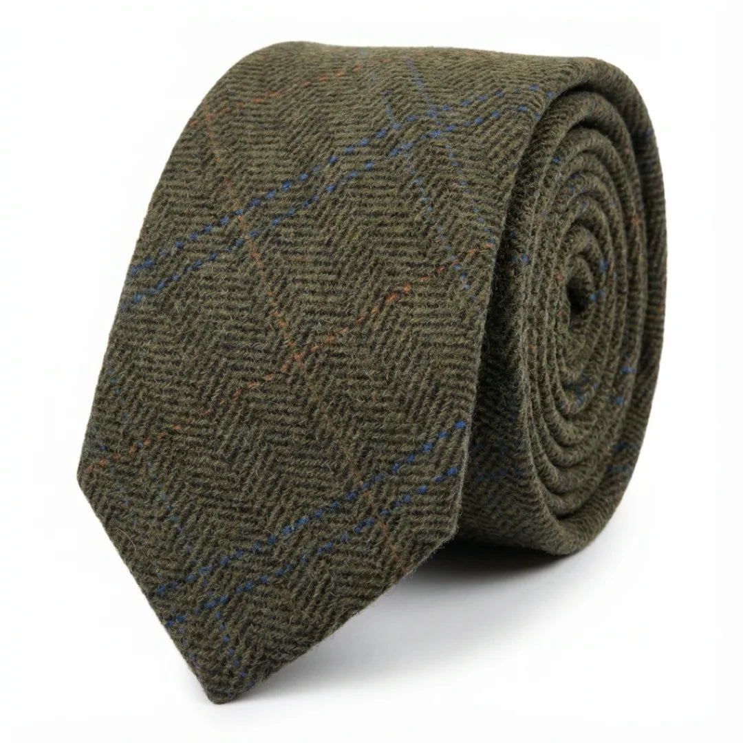 Cravată bărbătească din amestec de lână cu model herringbone din tweed - măsliniu