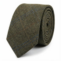Cravată bărbătească din amestec de lână cu model herringbone din tweed - măsliniu