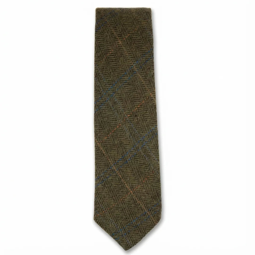 Cravată bărbătească din amestec de lână cu model herringbone din tweed - măsliniu
