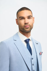 Costum bărbătesc din 3 piese, albastru deschis, de vară, din in, croială croită, pentru nuntă, bal, clasic