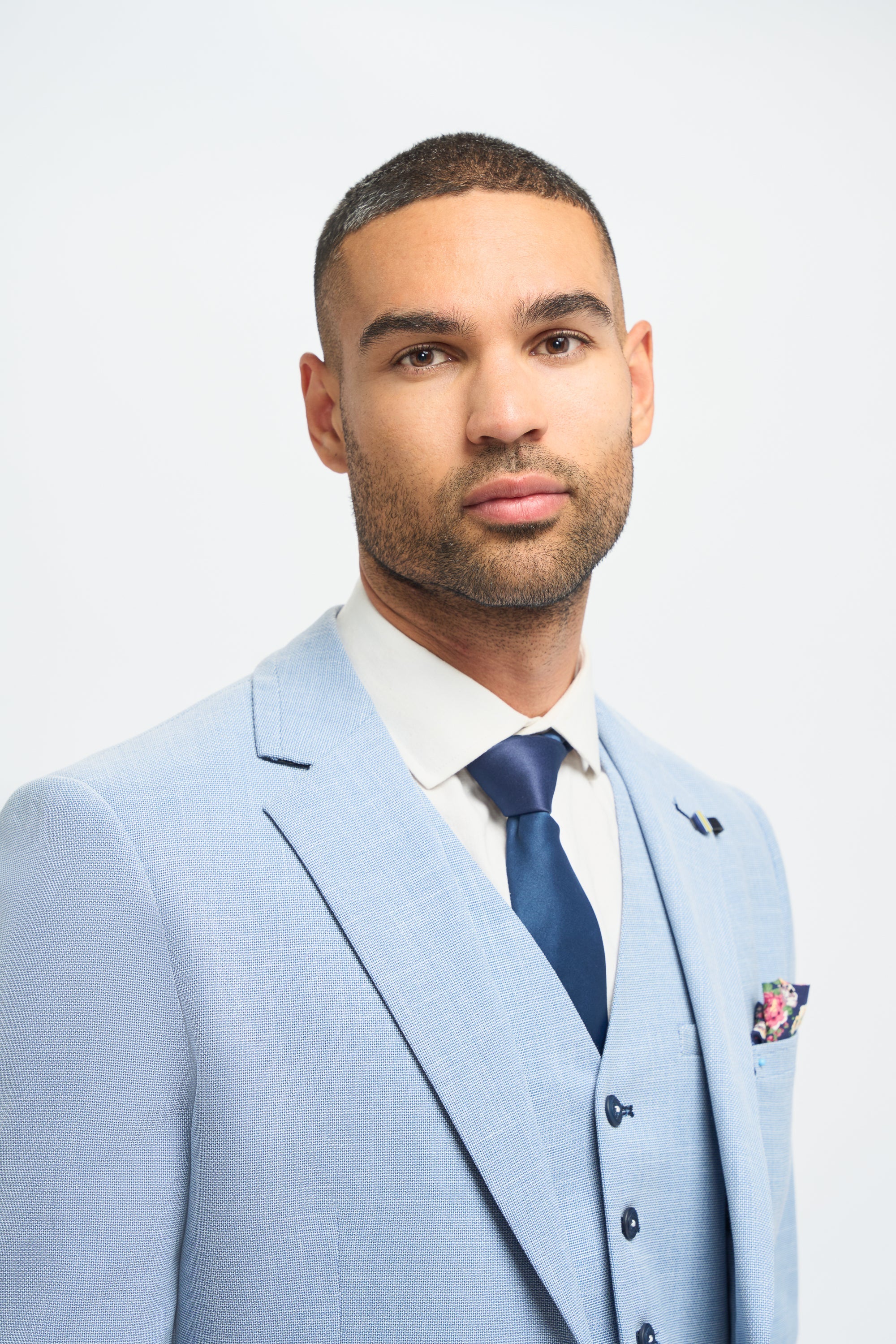 Costum bărbătesc din 3 piese, albastru deschis, de vară, din in, croială croită, pentru nuntă, bal, clasic