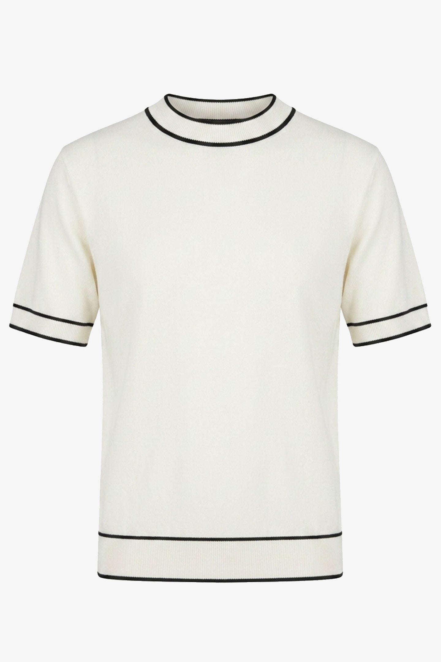 Tricou tricotat alb-gălbui pentru bărbați, croială regulată, cu garnitură contrastantă, guler rotund