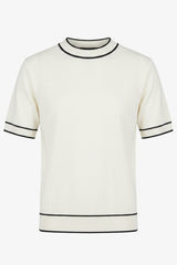 Tricou tricotat alb-gălbui pentru bărbați, croială regulată, cu garnitură contrastantă, guler rotund