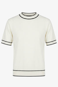 Tricou tricotat alb-gălbui pentru bărbați, croială regulată, cu garnitură contrastantă, guler rotund