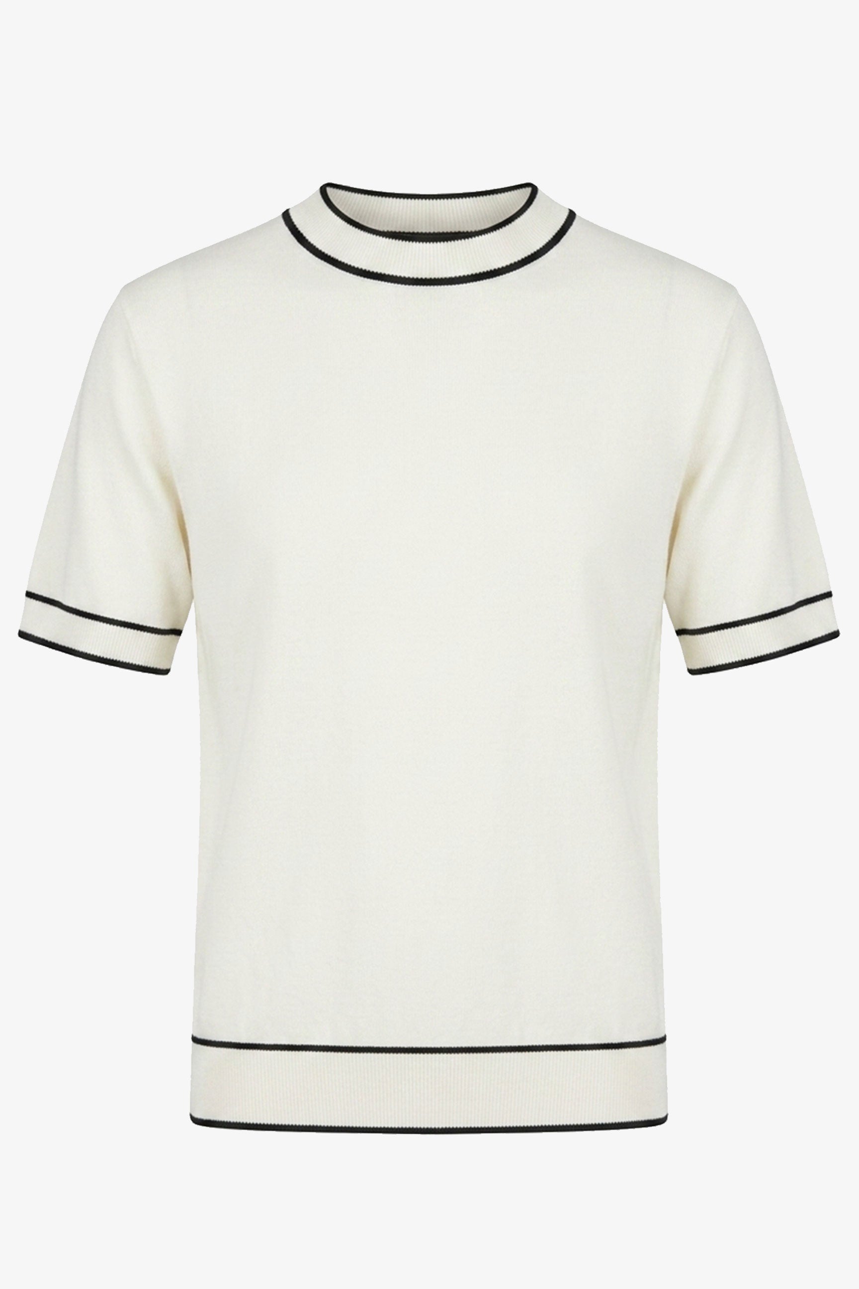 Tricou tricotat alb-gălbui pentru bărbați, croială regulată, cu garnitură contrastantă, guler rotund
