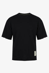 Tricou bărbătesc bleumarin închis, croială relaxată, cu margini brute, guler rotund din amestec de bumbac