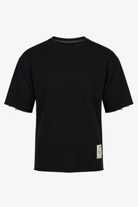 Tricou bărbătesc bleumarin închis, croială relaxată, cu margini brute, guler rotund din amestec de bumbac