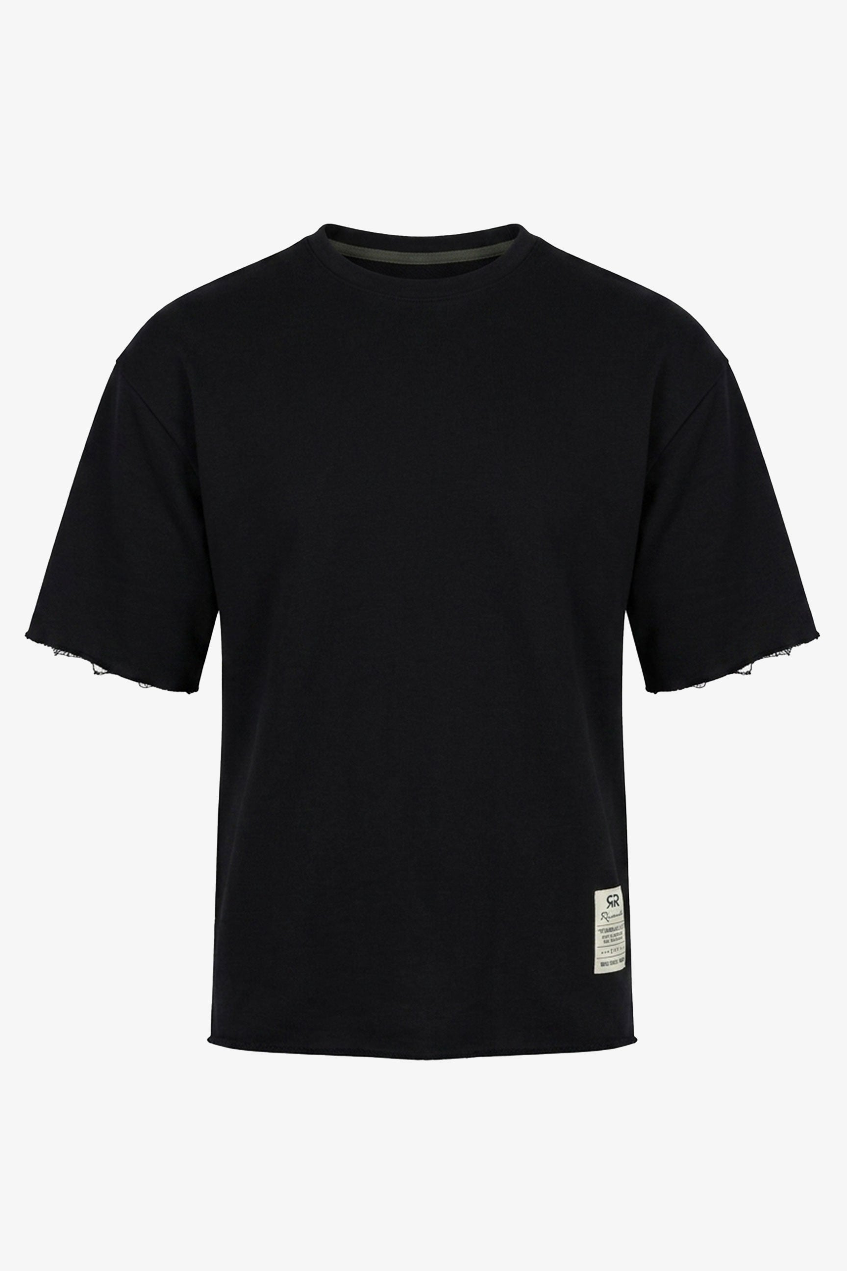 Tricou bărbătesc bleumarin închis, croială relaxată, cu margini brute, guler rotund din amestec de bumbac