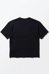 Tricou bărbătesc bleumarin închis, croială relaxată, cu margini brute, guler rotund din amestec de bumbac