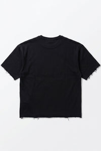 Tricou bărbătesc bleumarin închis, croială relaxată, cu margini brute, guler rotund din amestec de bumbac