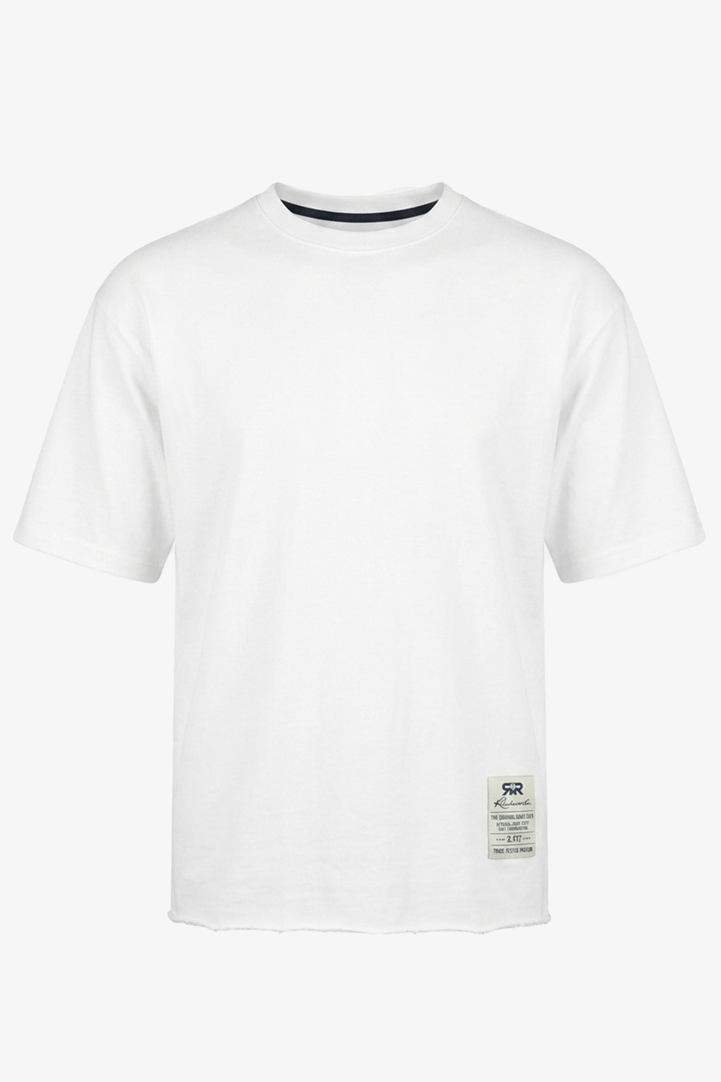 Tricou bărbătesc alb, cu croială relaxată, cu margini brute, guler rotund din amestec de bumbac