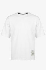 Tricou bărbătesc alb, cu croială relaxată, cu margini brute, guler rotund din amestec de bumbac