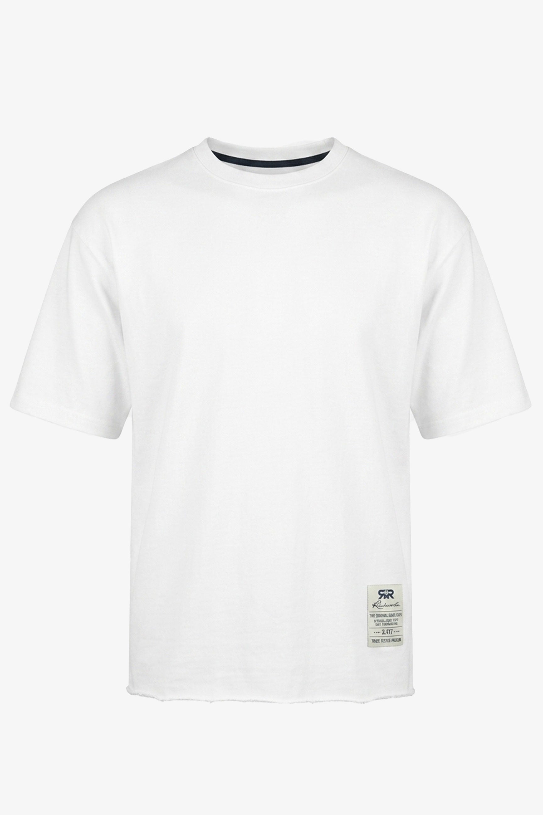 Tricou bărbătesc alb, cu croială relaxată, cu margini brute, guler rotund din amestec de bumbac