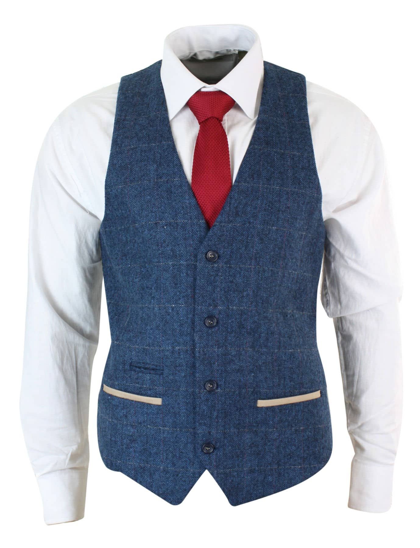 Mens Herringbone Tweed Vintage Check Waistcoat Velvet Trim Blue Brown Grey