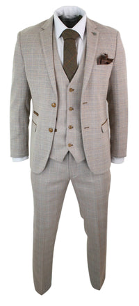 Paul Andrew Holland - Mens Check Tweed Beige Brown 3 Piece Suit Wedding Prom Vintage Retro Classic