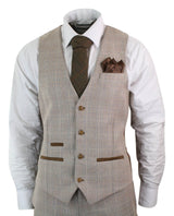 Paul Andrew Holland - Mens Check Tweed Beige Brown 3 Piece Suit Wedding Prom Vintage Retro Classic