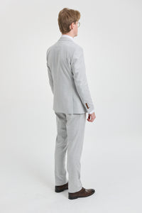 Costum Mark pentru bărbați, gri, în carouri, format din 3 piese, din tweed, cu finisaje maro, pentru nunți și baluri