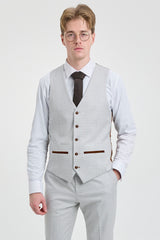 Costum Mark pentru bărbați, gri, în carouri, format din 3 piese, din tweed, cu finisaje maro, pentru nunți și baluri