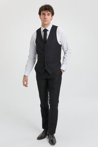 Costum complet Paul Andrew Parker - Costum bărbătesc negru din 3 piese, croială croită, stil clasic, pentru ușă, doliu, înmormântare