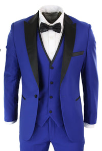 Paul Andrew Regent Blue - Mens 3 Piece Blue Black Satin Tuxedo Dinner Suit Tailored Fit Wedding Prom Groom