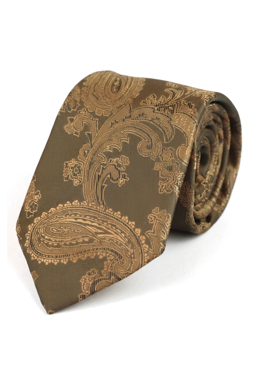 Set cadou cravată Paisley din bronz, batistă de buzunar, butoni de manșetă, cravată florală din satin