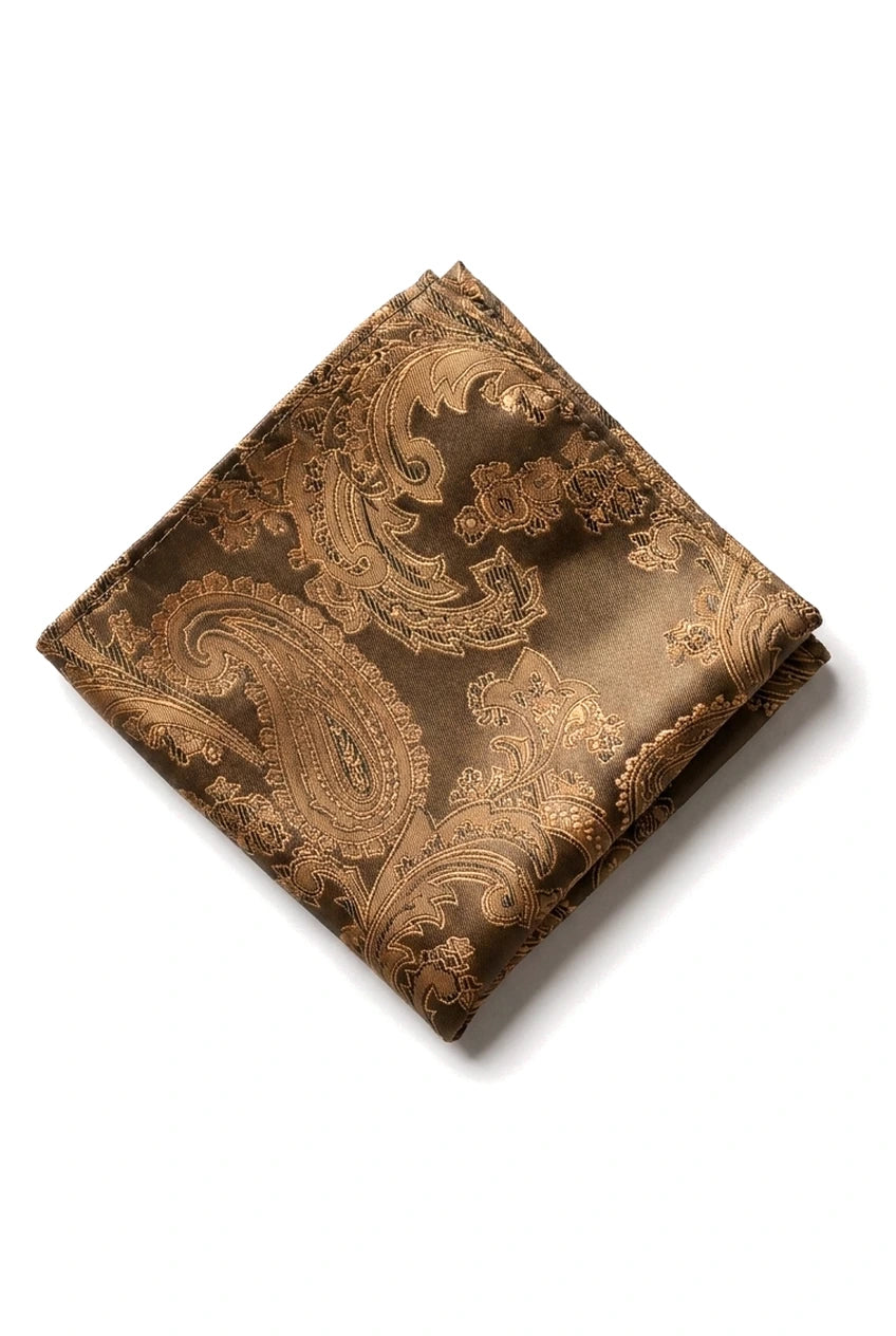 Set cadou cravată Paisley din bronz, batistă de buzunar, butoni de manșetă, cravată florală din satin